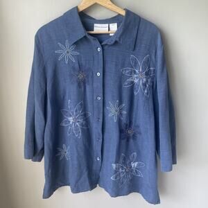 Alfred Dunner Women 100% Silk Shirt Plus Size 20W Floral‎ Office Beaded Blue